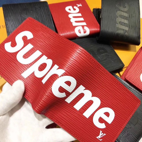 supreme 二つ折り財布 コピー 赤色 黒色 シュプリーム ルイヴィトン コラボ ウォレット 高級PU材料製  男女兼用 若者向け カード入れ