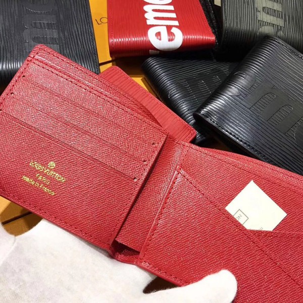 supreme 二つ折り財布 コピー 赤色 黒色 シュプリーム ルイヴィトン コラボ ウォレット 高級PU材料製  男女兼用 若者向け カード入れ