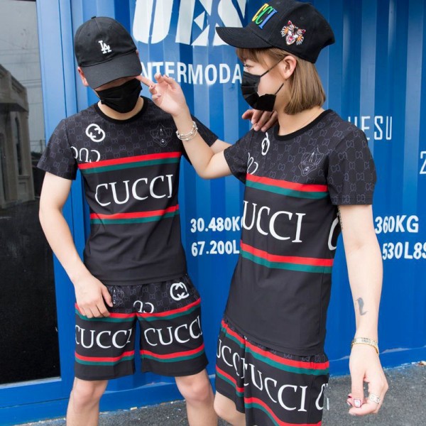 GUCCI グッチ ｔシャツ上下セット 半袖 コットン 丸首 トップス 白 黒