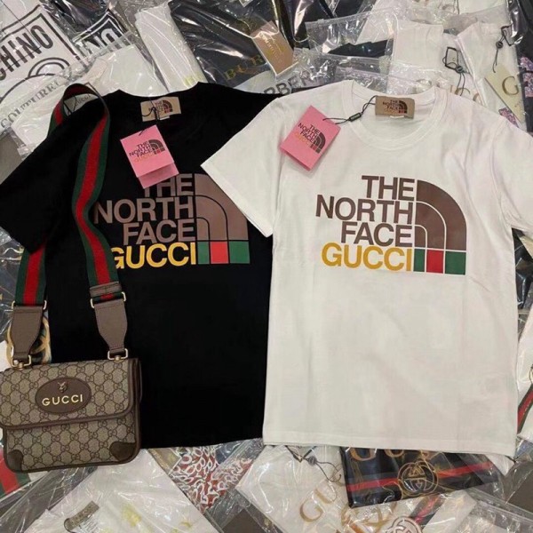 Gucciグッチ&THE NORTH FACE tシャツ半袖 潮流個性人気  丸首ソフトトップス キラキララインストーン男女向け